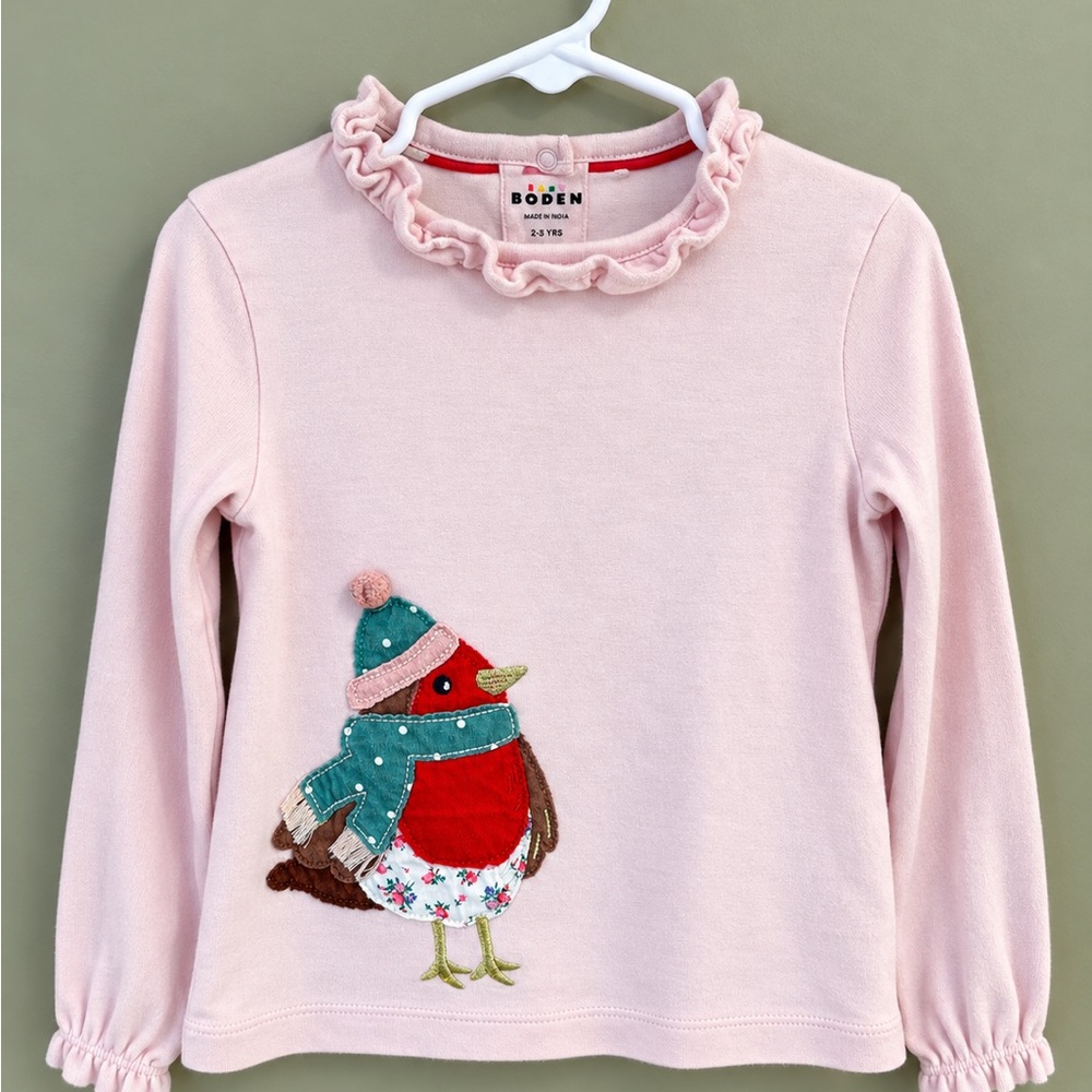 Boden Pink Long-Sleeve Top with Bird Appliqué